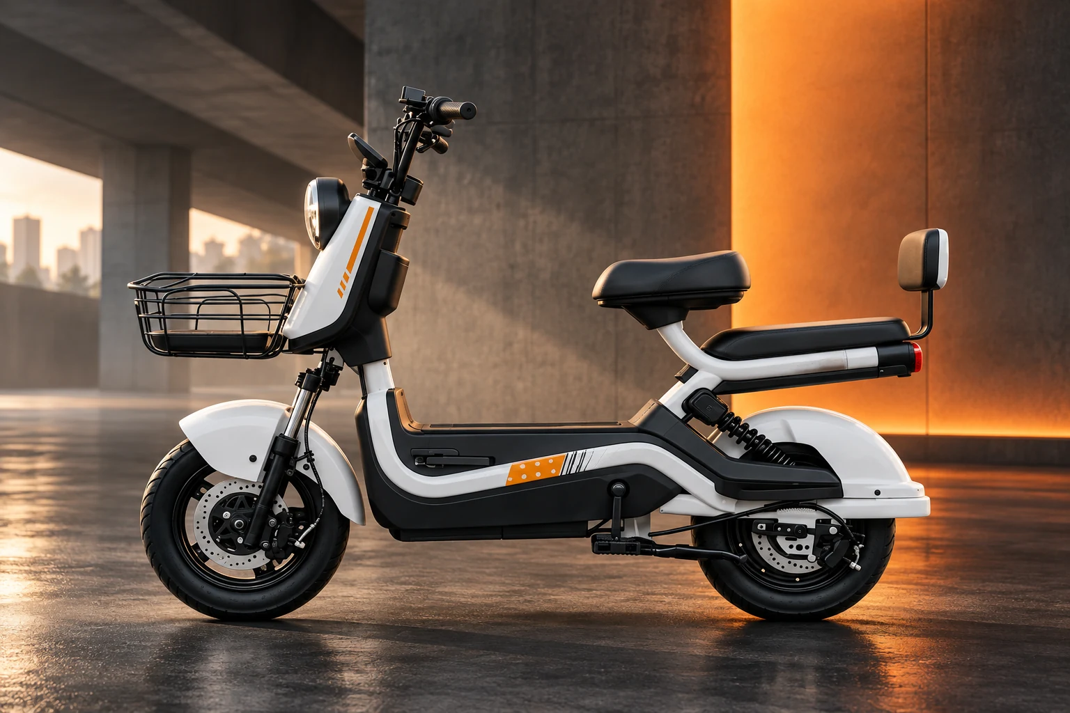 Moto elétrica Touro completa em um cenário arquitetônico escuro, com cesto dianteiro e rodas inteiras visíveis