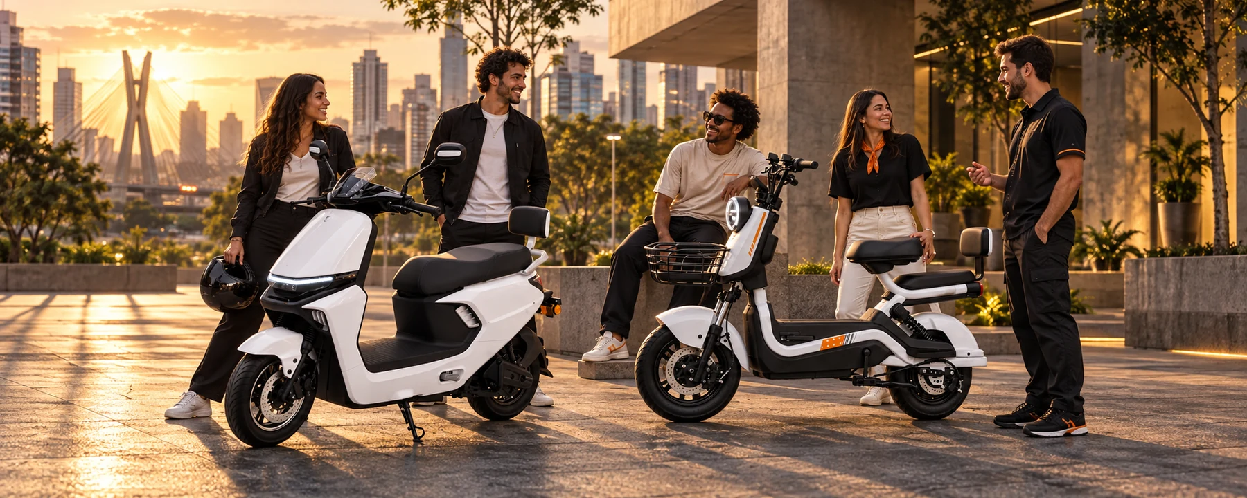 Grupo diverso de pessoas em São Paulo reunido ao redor das motos elétricas M9 e Touro